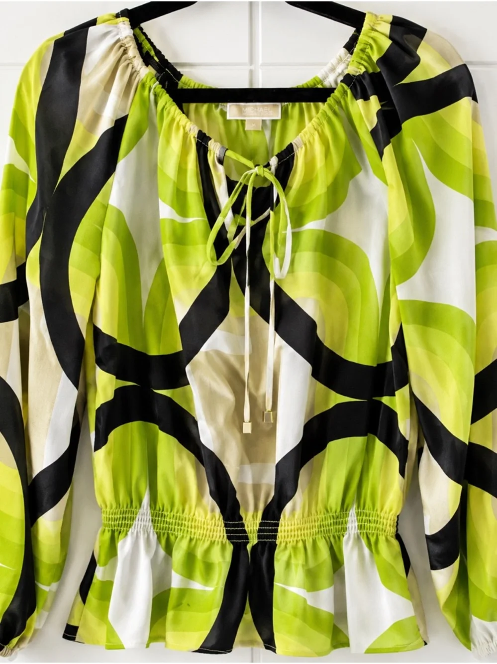 Michael Kors Womens Blouse Medium Green Abstract Print Peasant Boho Long Sleeve